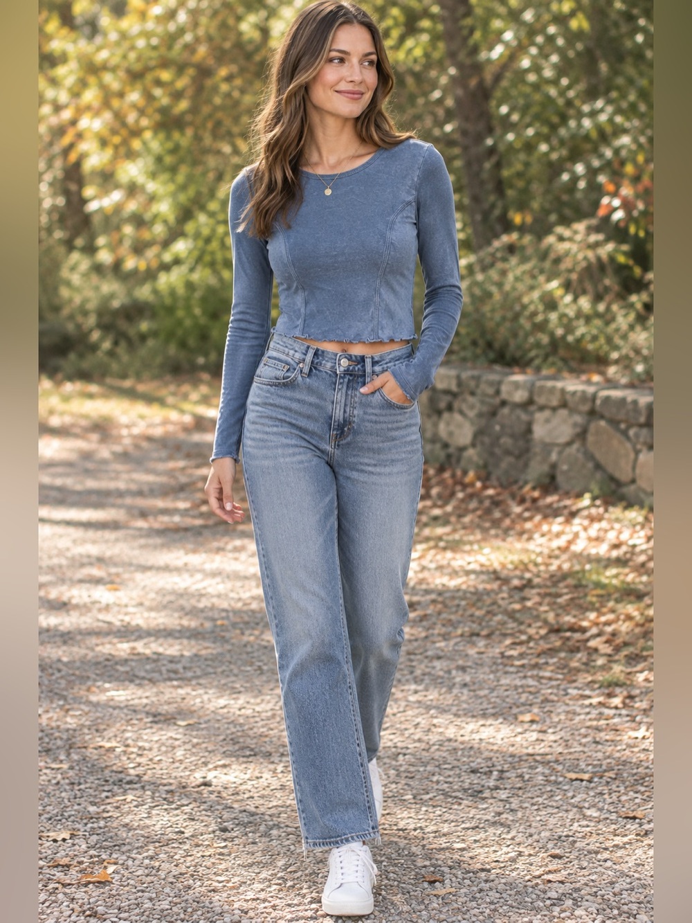 PacSun Y2K Dusty Blue Long Sleeve Lettuce-Hem Top